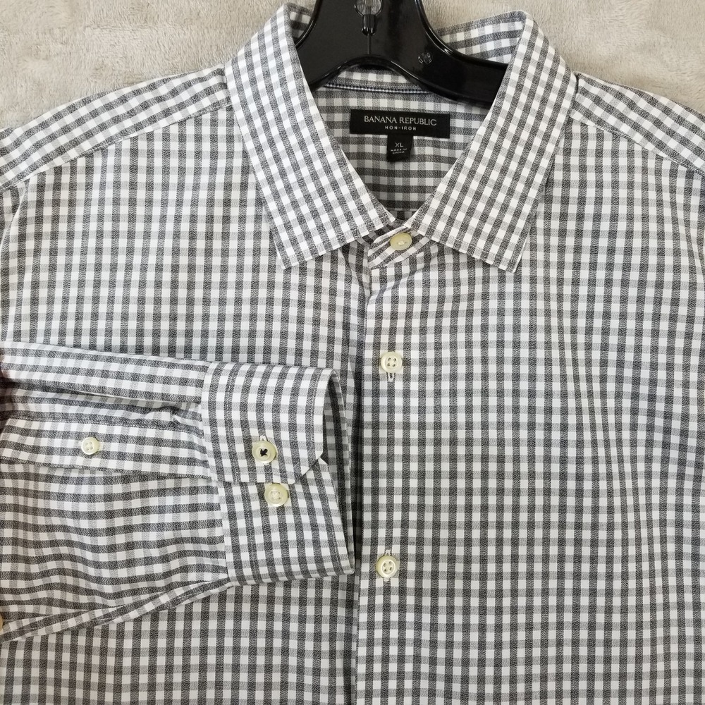 Banana Republic Shirt Men XL Gray Plaid Cotton Camden Fit Non Iron Long Sleeve